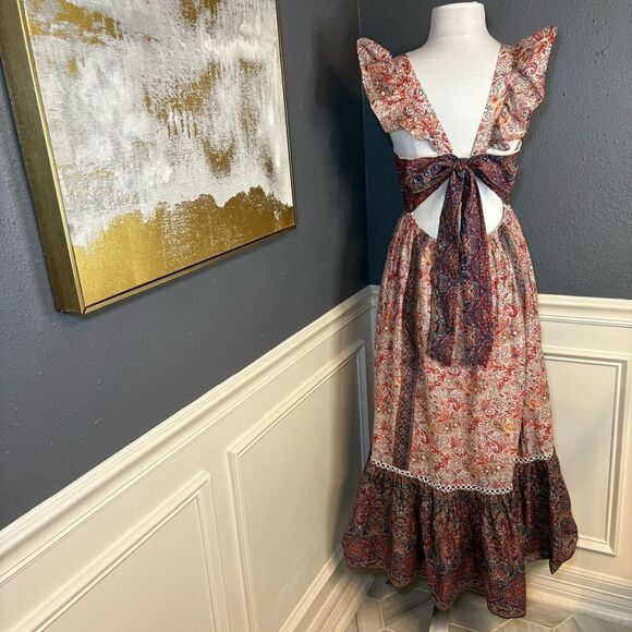 Haute Hippie Flutter Sleeve Twin Print Flounce Hem Floral Maxi Dress - Picture 6 of 10